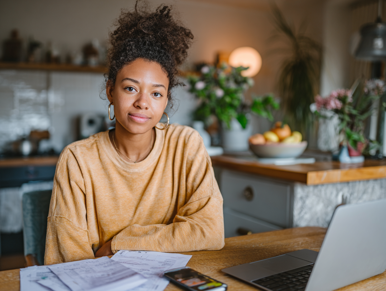 Woman in yellow sweater using laptop for health benefits